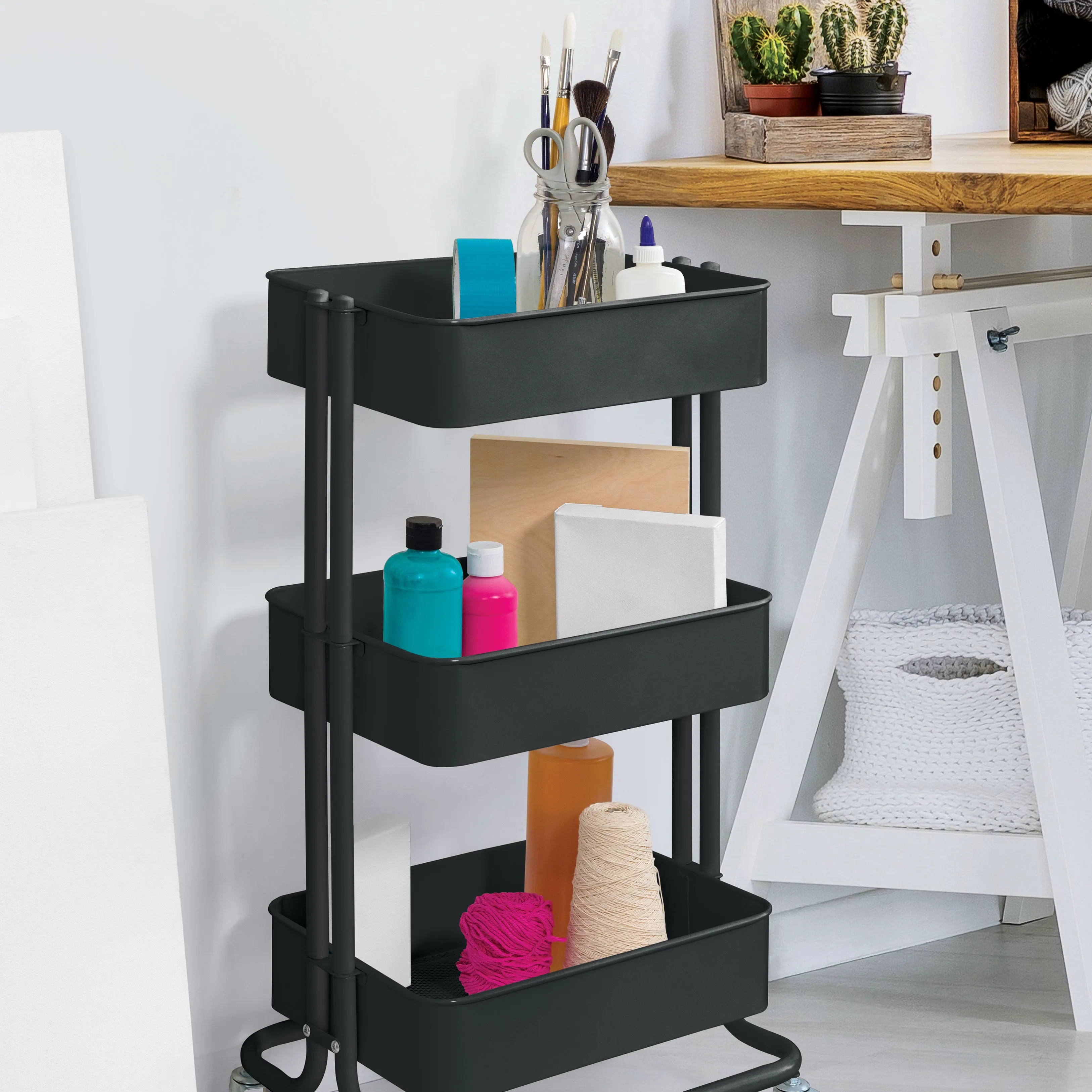 3-Tier Rolling Cart - Black
