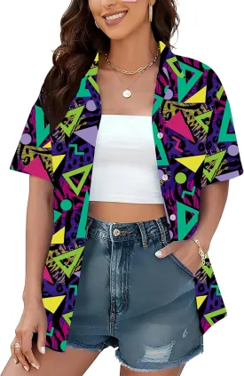 80s 90s Shirts for Women: 80's Neno Disco Party Tshirts 1980s Hawaiian Button Down Blouse Tops