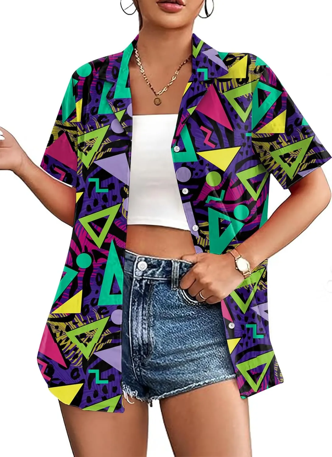 80s 90s Shirts for Women: 80's Neno Disco Party Tshirts 1980s Hawaiian Button Down Blouse Tops
