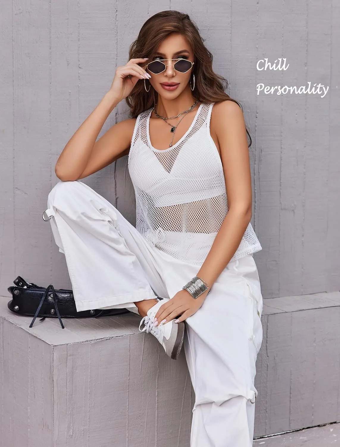 Avidlove Fishnet Top for Women Sleeveless See Through Cover Up Scoop Neck Blouses Y2K Sheer Tank Shirt