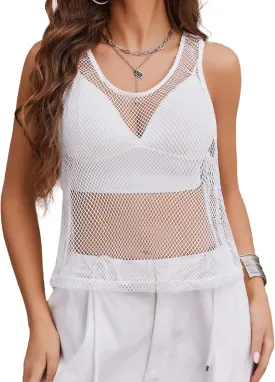 Avidlove Fishnet Top for Women Sleeveless See Through Cover Up Scoop Neck Blouses Y2K Sheer Tank Shirt