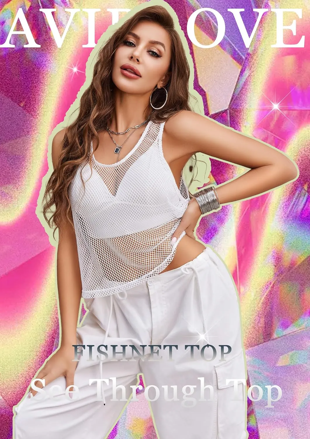 Avidlove Fishnet Top for Women Sleeveless See Through Cover Up Scoop Neck Blouses Y2K Sheer Tank Shirt