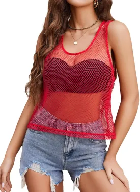 Avidlove Fishnet Top for Women Sleeveless See Through Cover Up Scoop Neck Blouses Y2K Sheer Tank Shirt