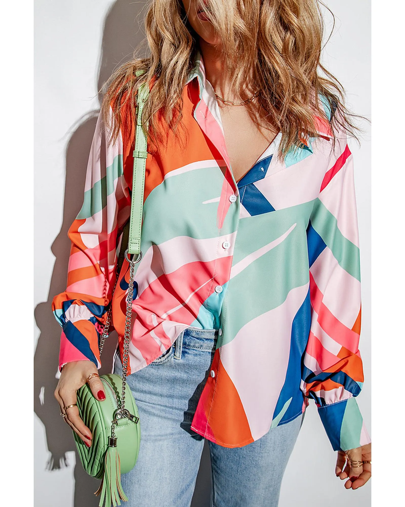 Azura Exchange Abstract Print Cuffed Sleeve Shirt - S