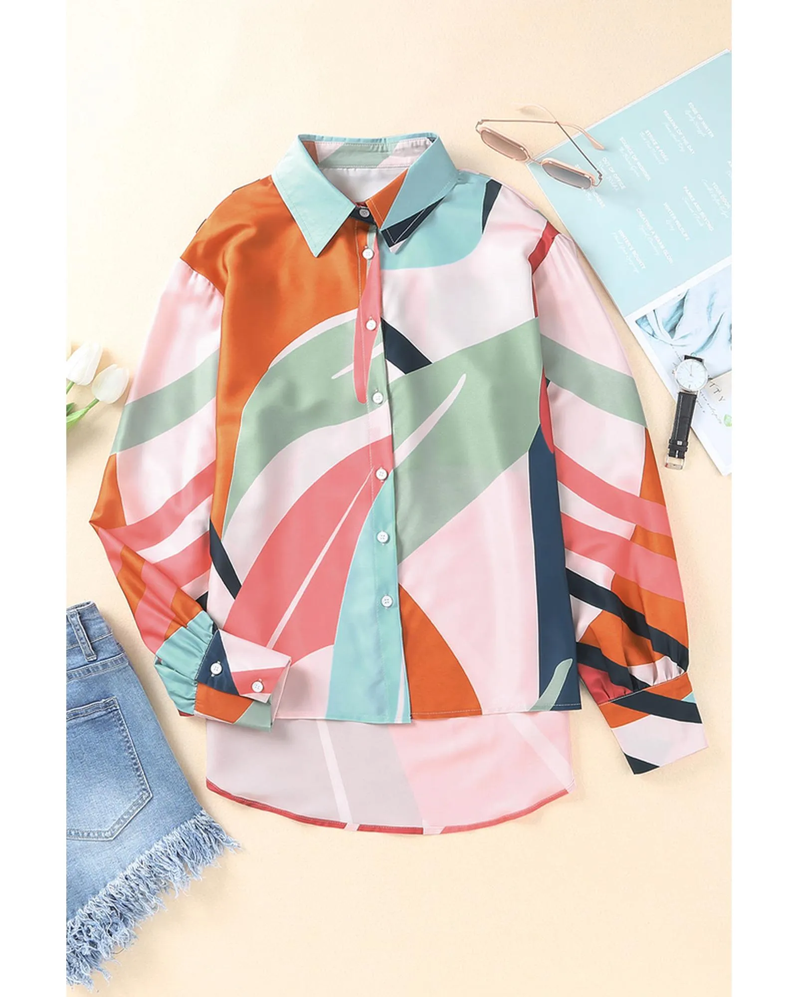 Azura Exchange Abstract Print Cuffed Sleeve Shirt - S