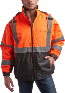 Bass Creek Outfitters Men's High Visibility Safety Jacket - Heavy Duty Waterproof Workwear with Packable Hood (Sizes: M-XXL)