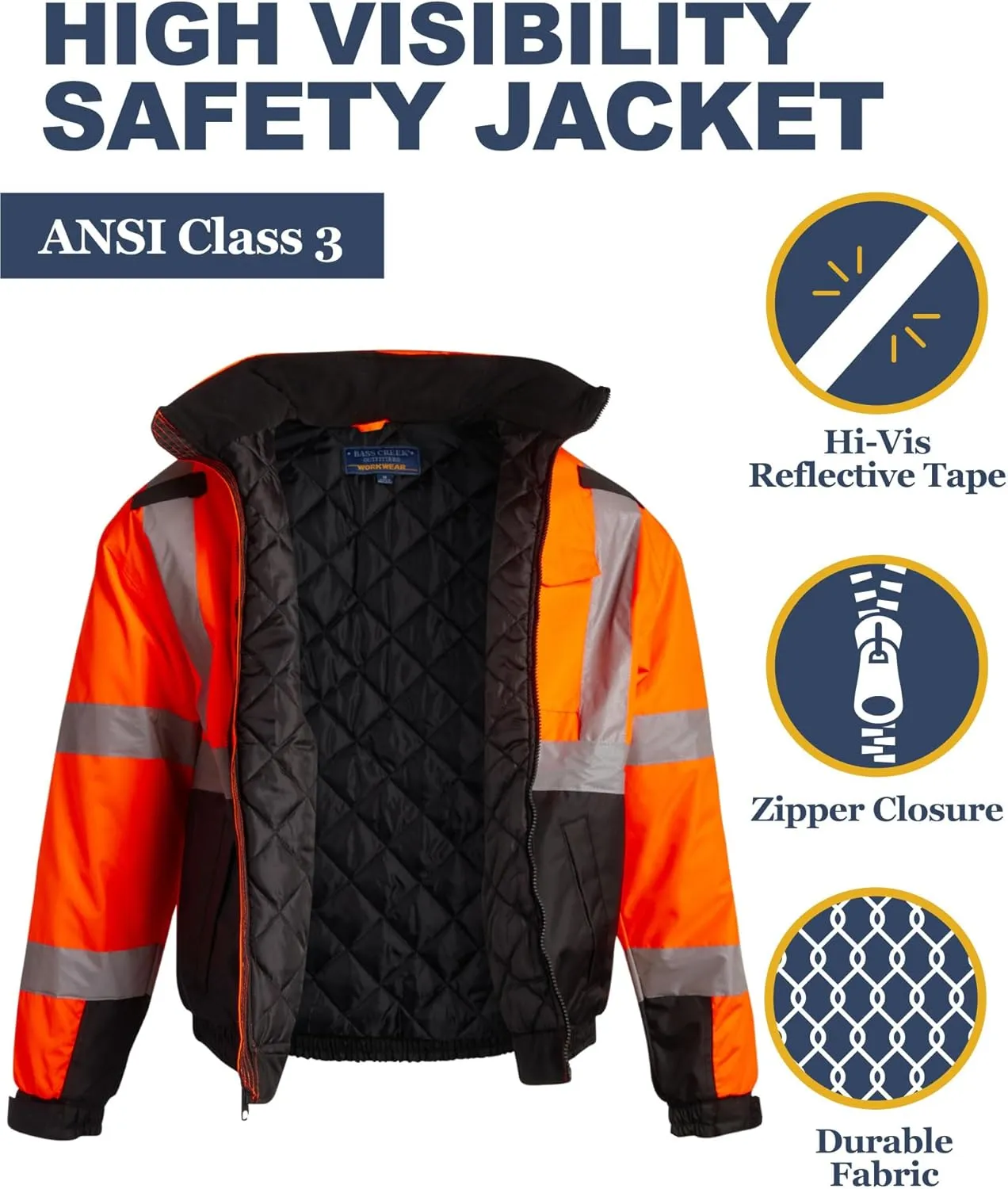 Bass Creek Outfitters Men's High Visibility Safety Jacket - Heavy Duty Waterproof Workwear with Packable Hood (Sizes: M-XXL)
