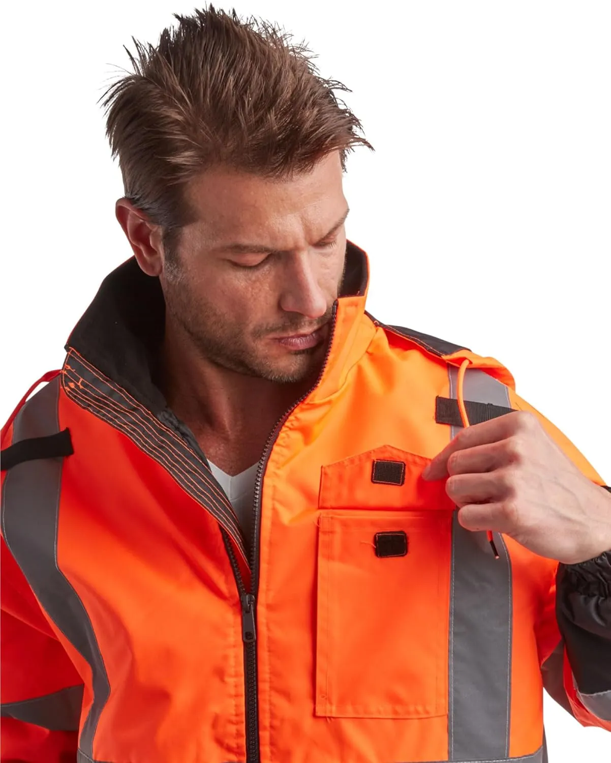 Bass Creek Outfitters Men's High Visibility Safety Jacket - Heavy Duty Waterproof Workwear with Packable Hood (Sizes: M-XXL)