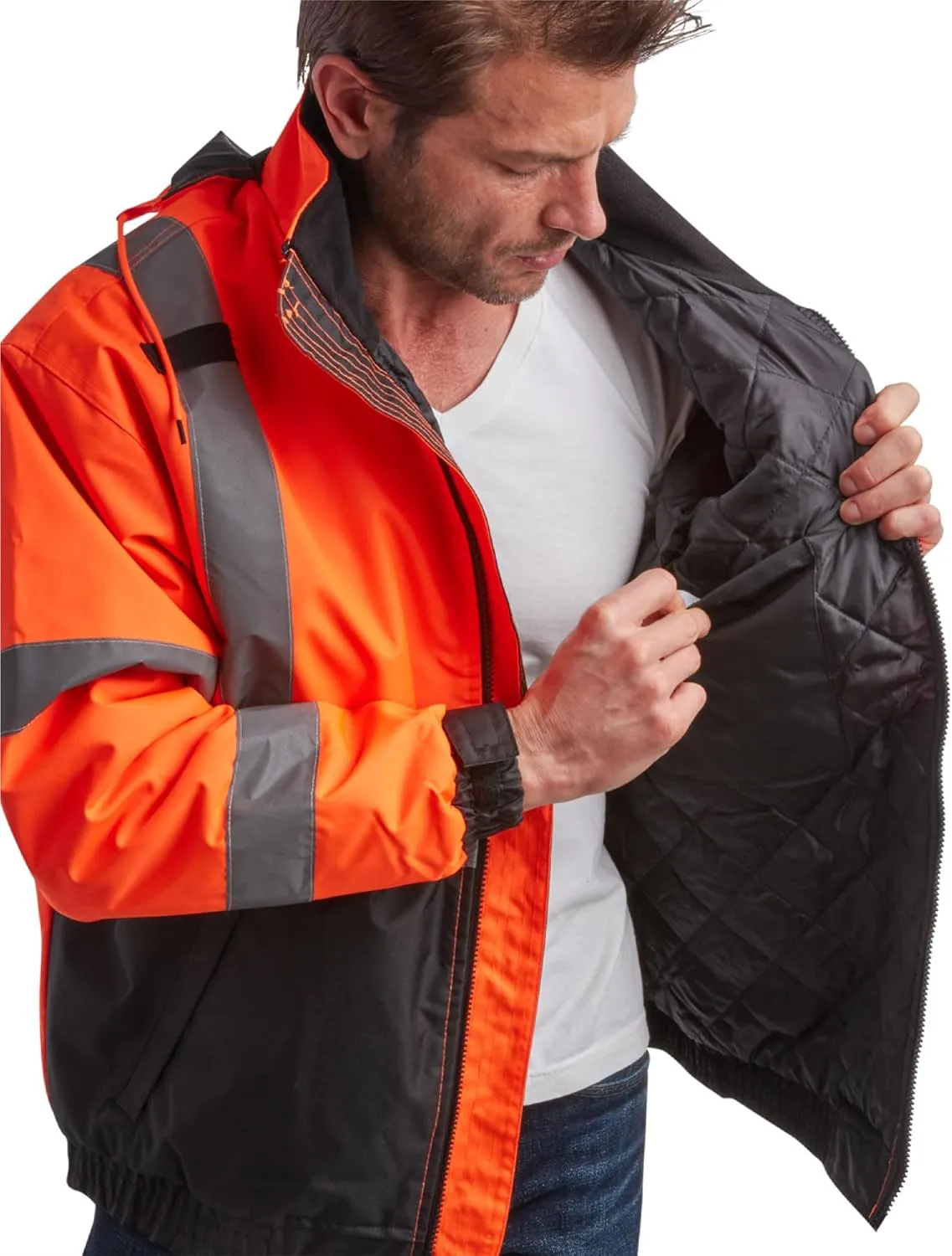 Bass Creek Outfitters Men's High Visibility Safety Jacket - Heavy Duty Waterproof Workwear with Packable Hood (Sizes: M-XXL)