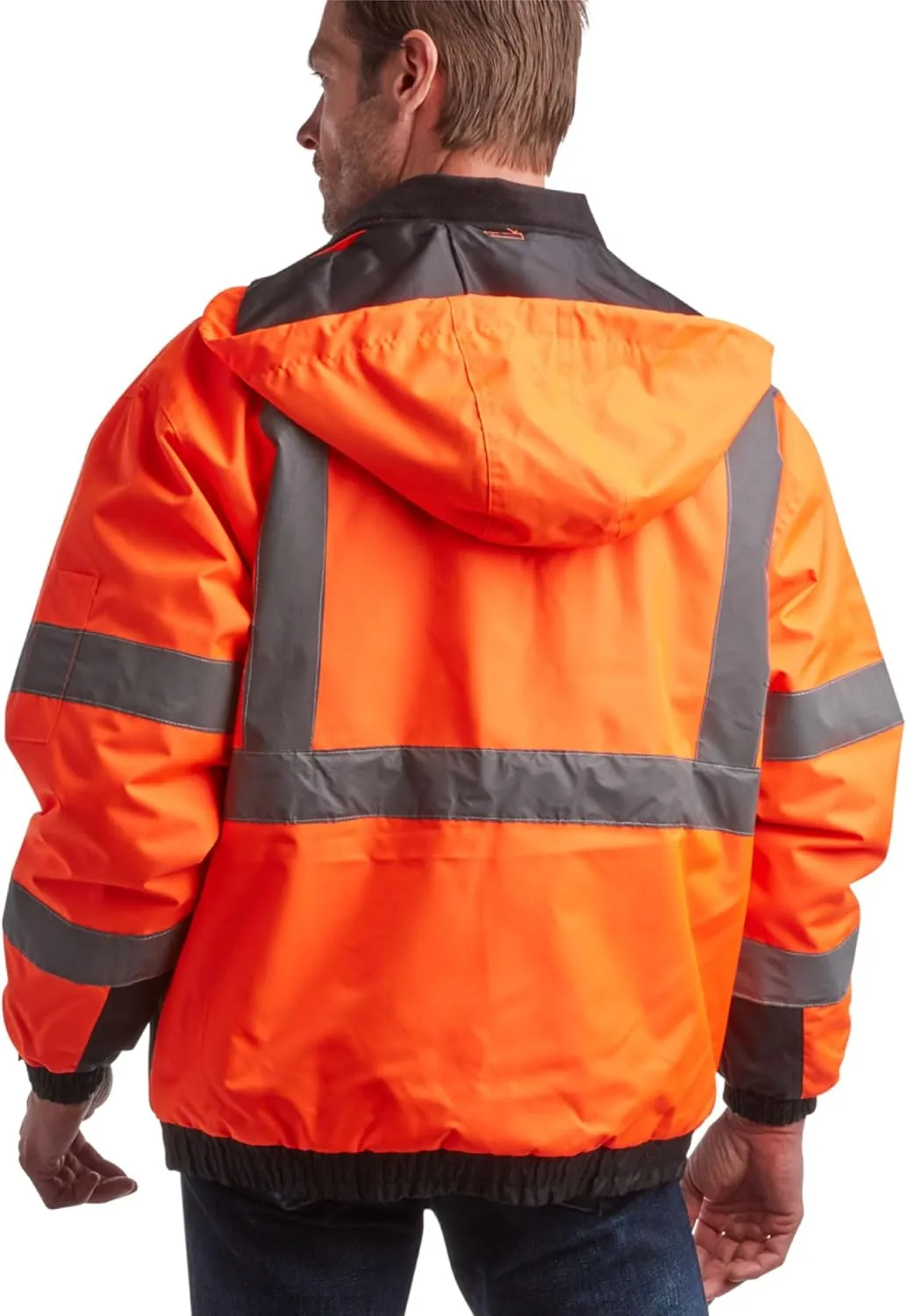 Bass Creek Outfitters Men's High Visibility Safety Jacket - Heavy Duty Waterproof Workwear with Packable Hood (Sizes: M-XXL)