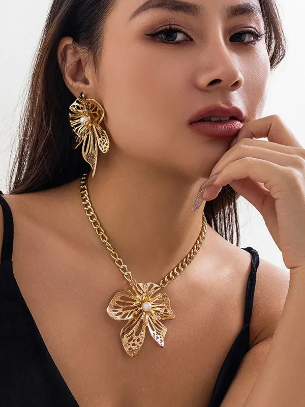 Chains Flower Shape Hollow Pleated Three Pieces Dainty Necklace   Earrings Accessories