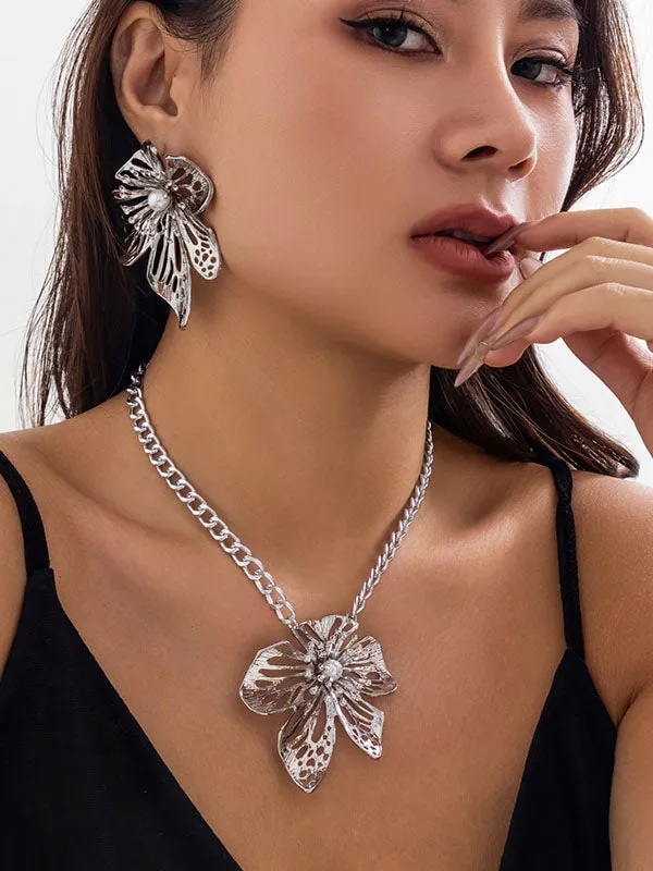 Chains Flower Shape Hollow Pleated Three Pieces Dainty Necklace   Earrings Accessories