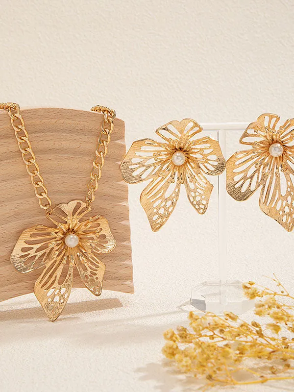 Chains Flower Shape Hollow Pleated Three Pieces Dainty Necklace   Earrings Accessories