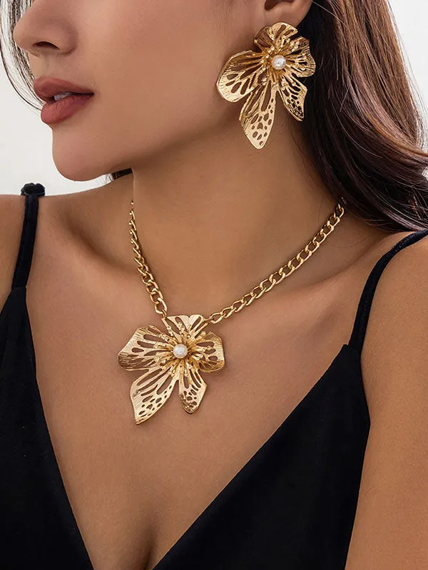 Chains Flower Shape Hollow Pleated Three Pieces Dainty Necklace   Earrings Accessories