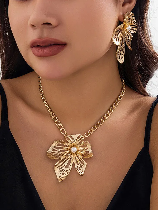 Chains Flower Shape Hollow Pleated Three Pieces Dainty Necklace   Earrings Accessories