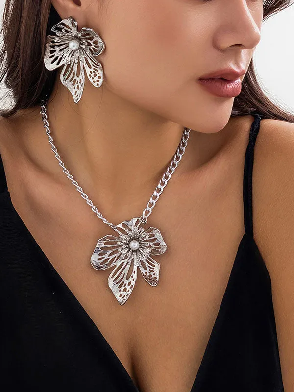 Chains Flower Shape Hollow Pleated Three Pieces Dainty Necklace   Earrings Accessories
