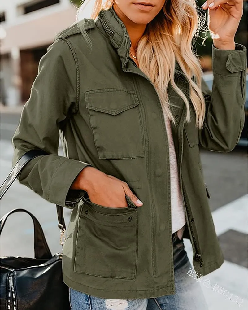 chouyatou Women's Fall Stand Collar Zip Up Military Cotton Utility Safari Jacket