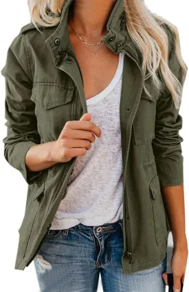 chouyatou Women's Fall Stand Collar Zip Up Military Cotton Utility Safari Jacket