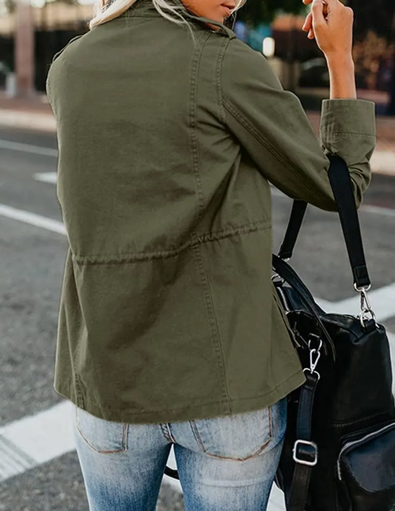 chouyatou Women's Fall Stand Collar Zip Up Military Cotton Utility Safari Jacket