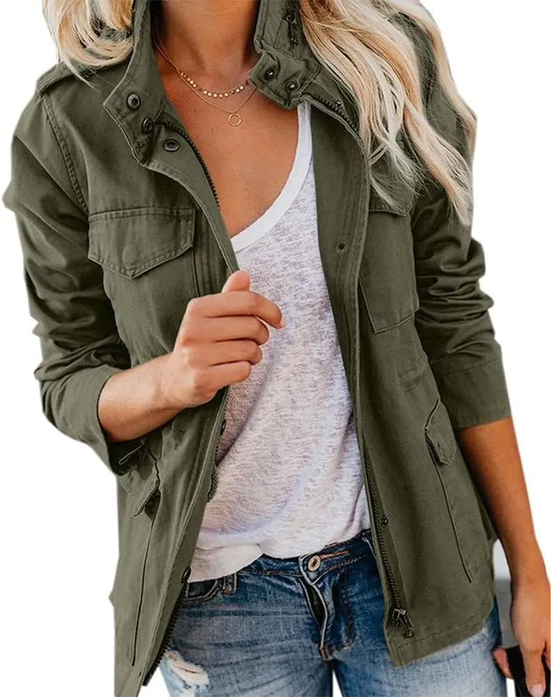 chouyatou Women's Fall Stand Collar Zip Up Military Cotton Utility Safari Jacket