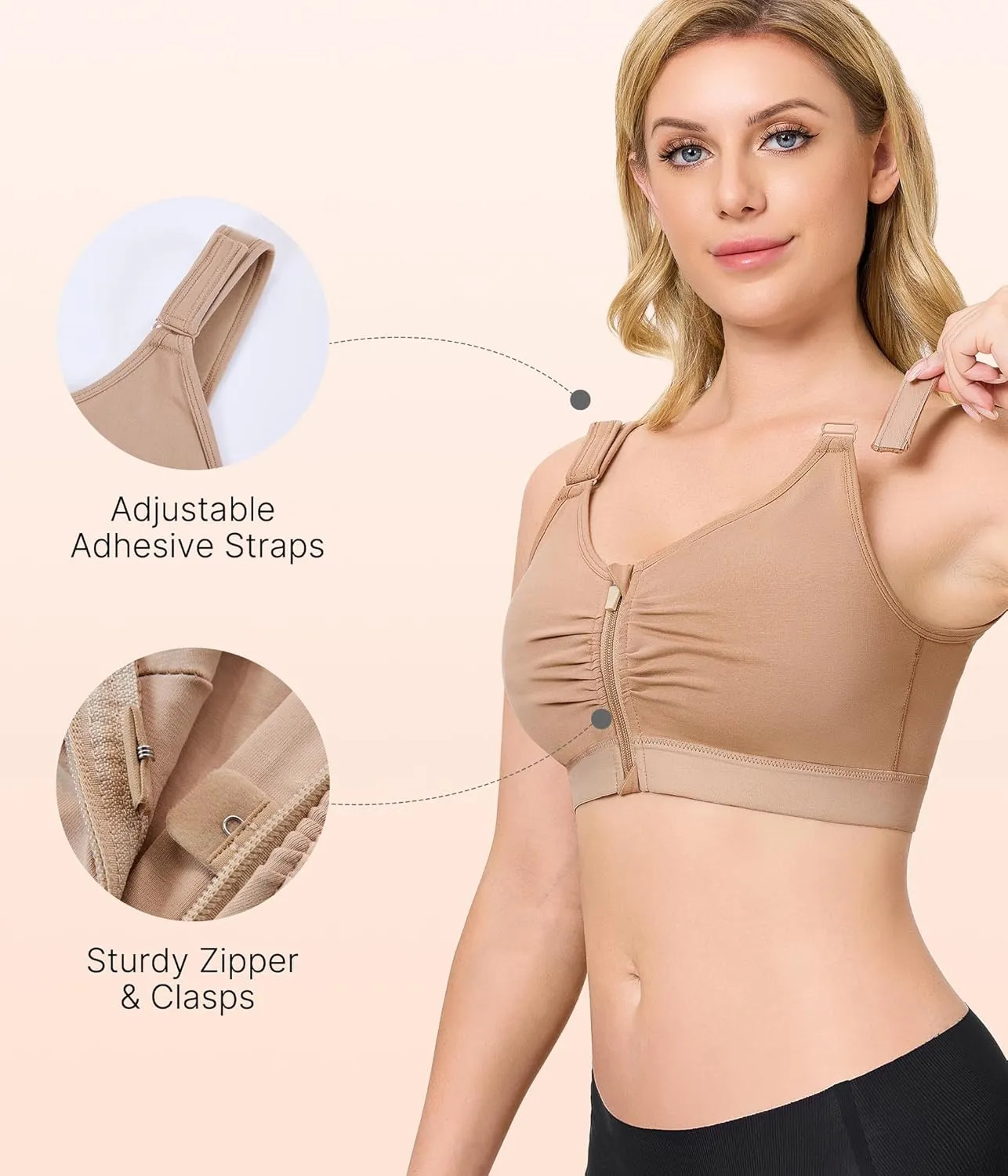 CYDREAM Zip Front Bra for Women Wireless Full Coverage Comfort Everyday Post Surgery Compression Bras Adjustable Straps