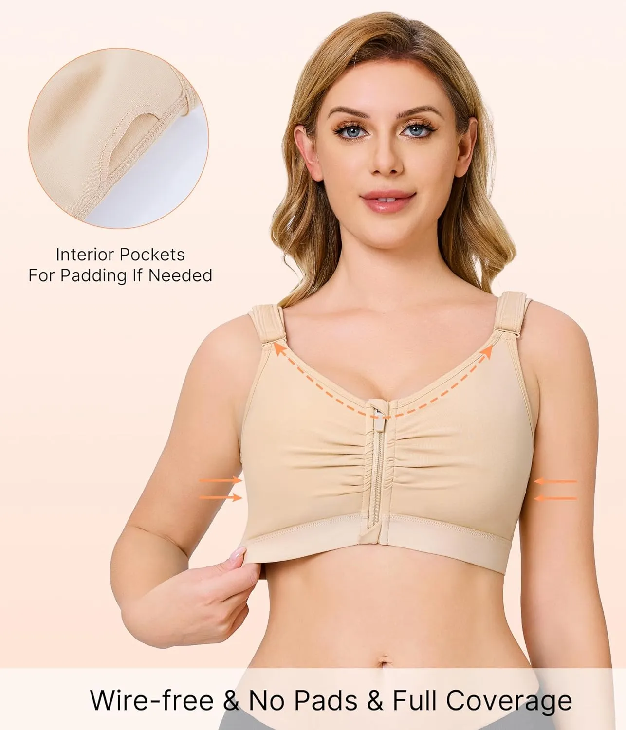 CYDREAM Zip Front Bra for Women Wireless Full Coverage Comfort Everyday Post Surgery Compression Bras Adjustable Straps