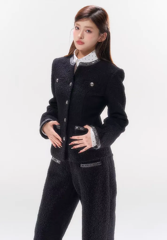 Double-Breasted Slim-Fit Tweed Jacket with Pocket Detail