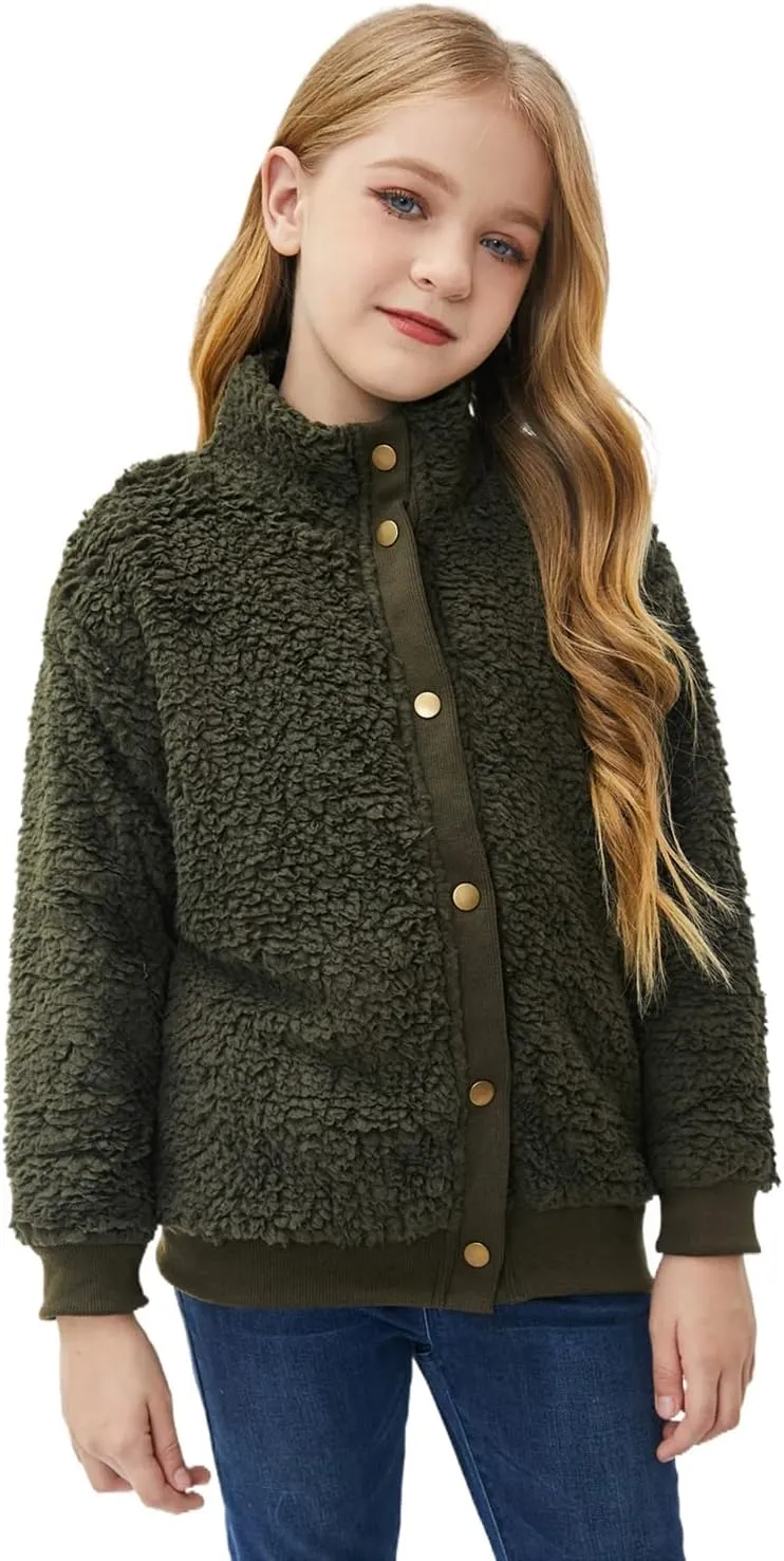 Ecokauer Girls Faux Fur Buttoned Sherpa Fleece Jackets Lightweight Winter Coats Warm Outwear