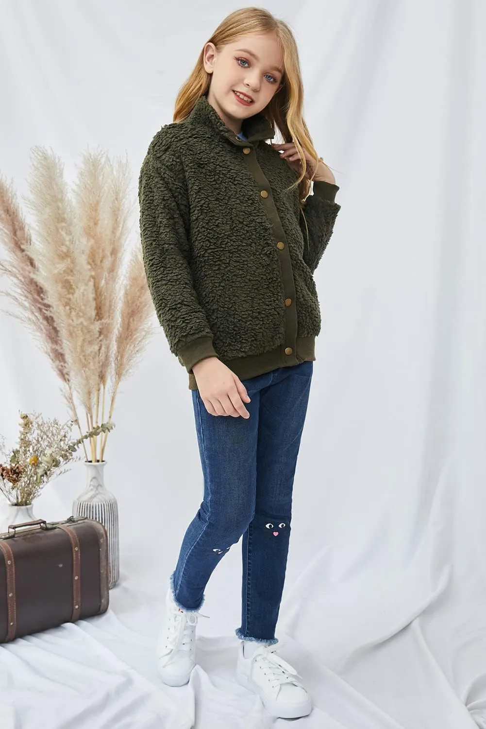 Ecokauer Girls Faux Fur Buttoned Sherpa Fleece Jackets Lightweight Winter Coats Warm Outwear