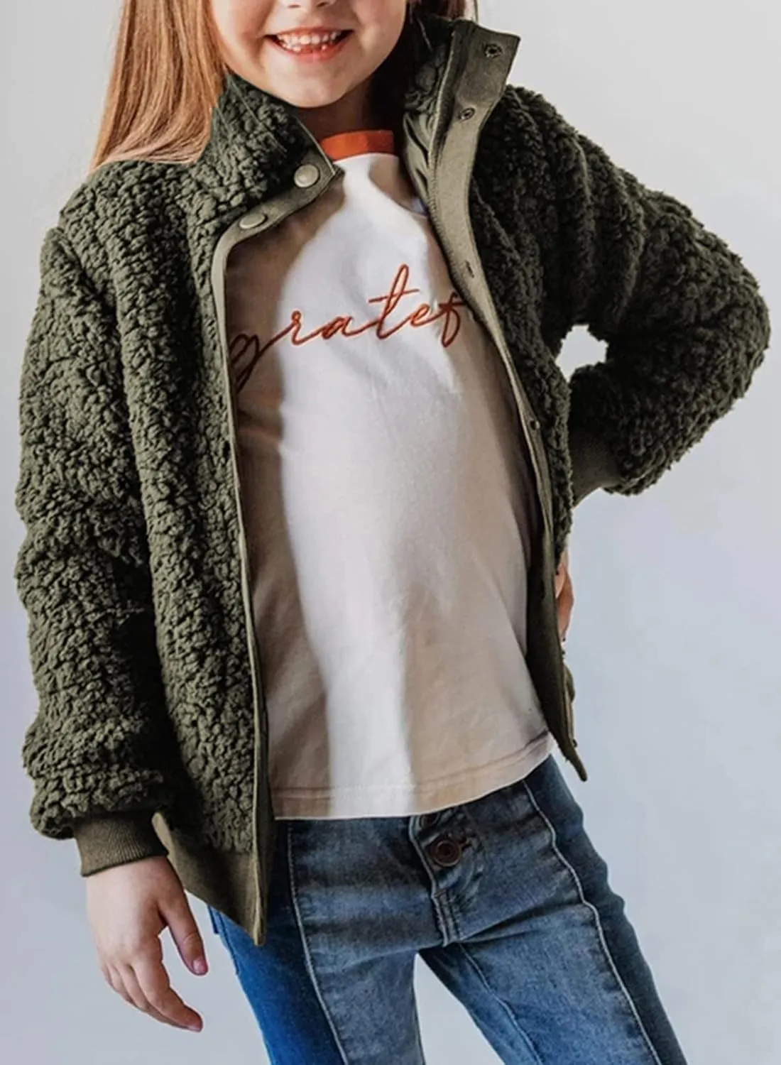 Ecokauer Girls Faux Fur Buttoned Sherpa Fleece Jackets Lightweight Winter Coats Warm Outwear