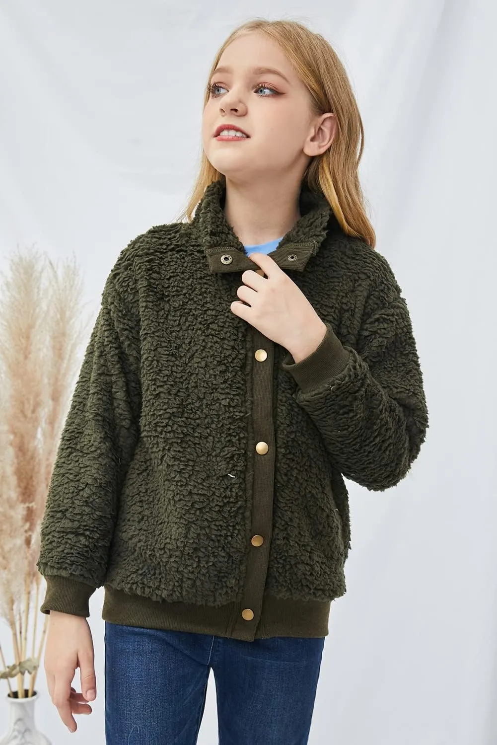 Ecokauer Girls Faux Fur Buttoned Sherpa Fleece Jackets Lightweight Winter Coats Warm Outwear