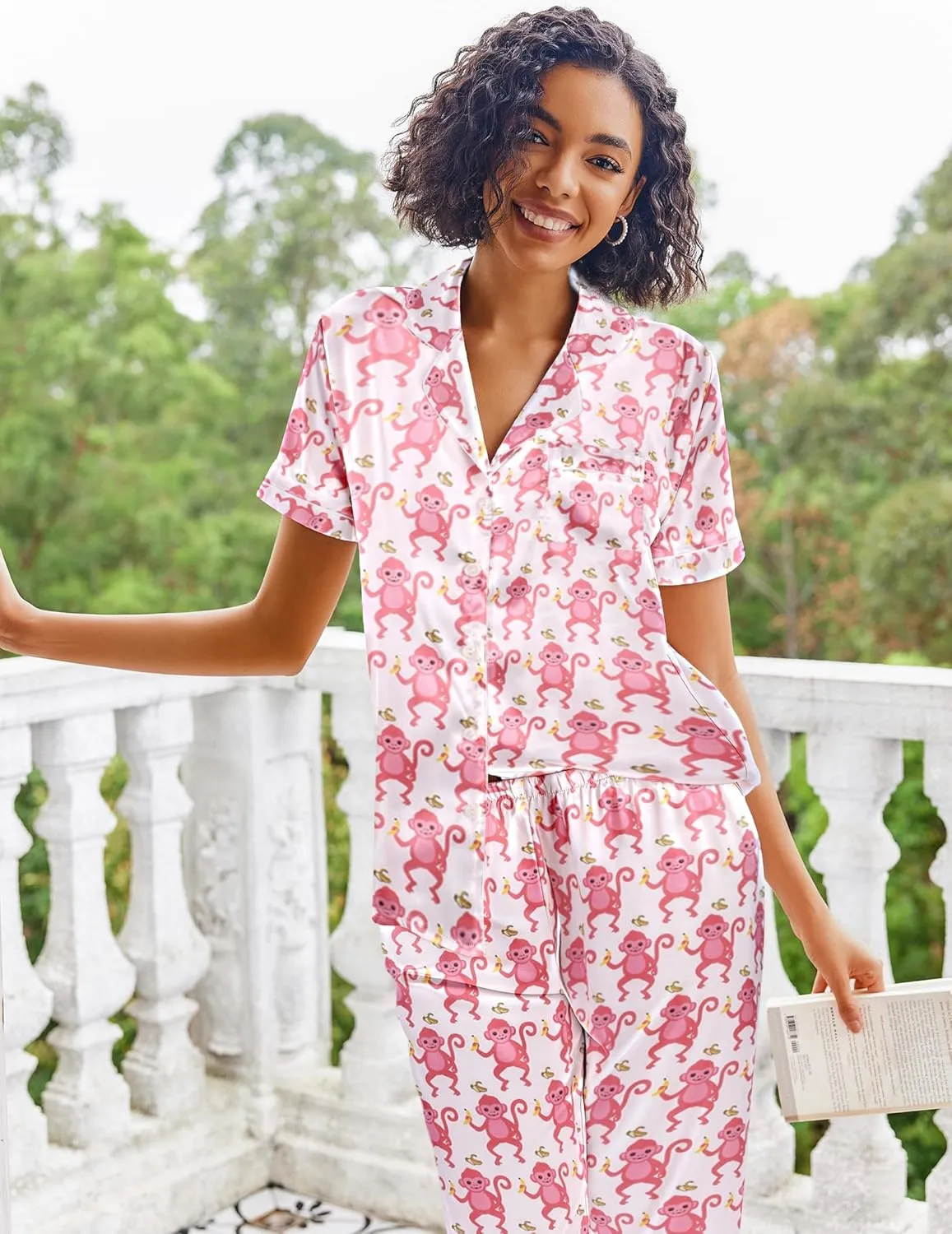Ekouaer Silk Satin Pajamas Set Women Short Sleeve Sleepwear Soft Button Down Loungewear Pjs Set