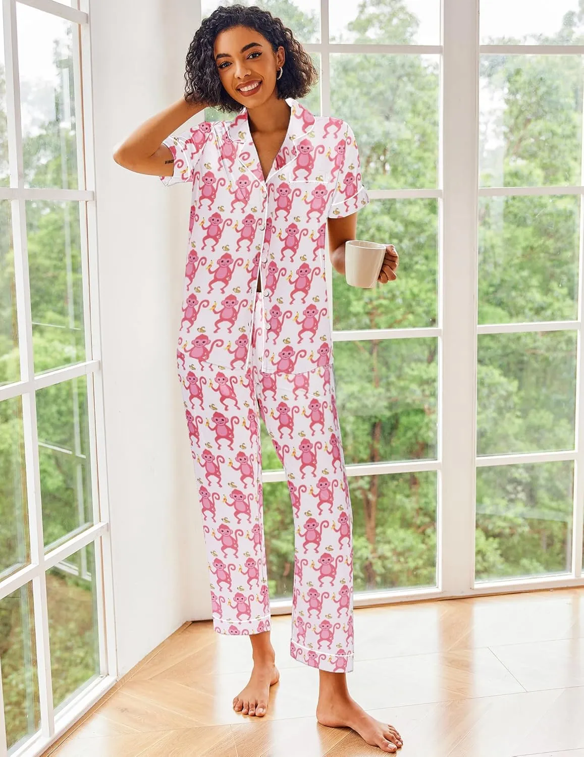 Ekouaer Silk Satin Pajamas Set Women Short Sleeve Sleepwear Soft Button Down Loungewear Pjs Set