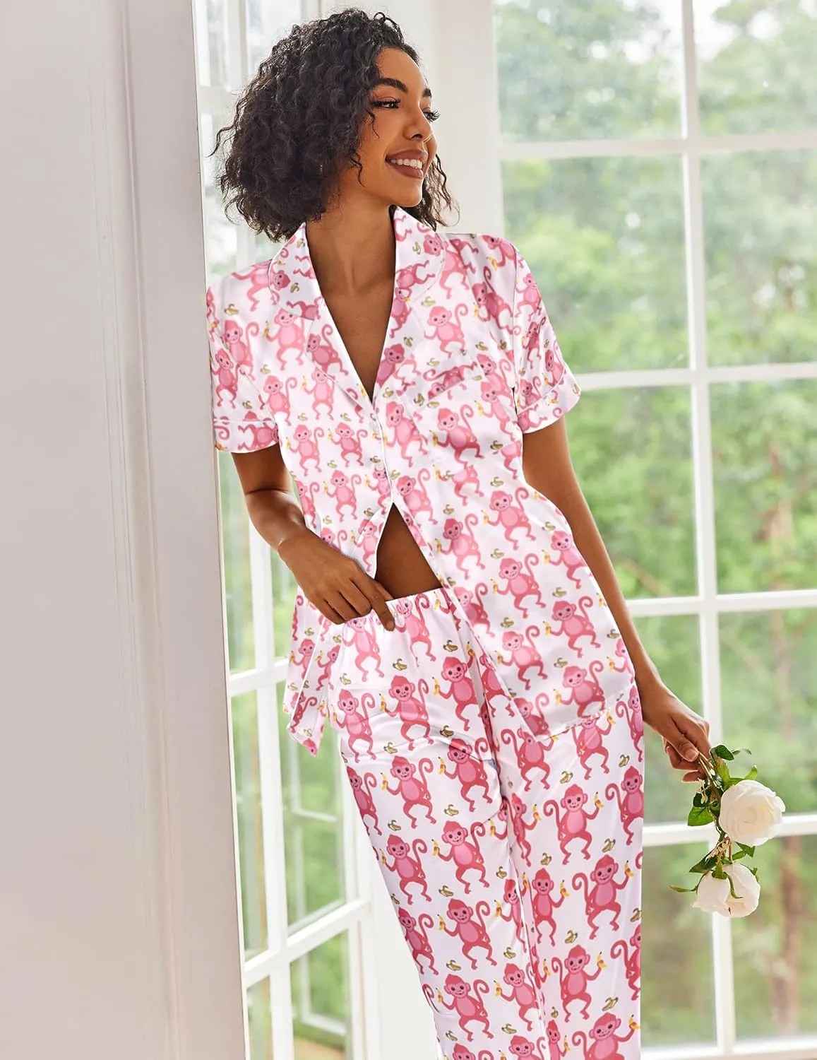 Ekouaer Silk Satin Pajamas Set Women Short Sleeve Sleepwear Soft Button Down Loungewear Pjs Set