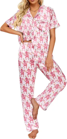 Ekouaer Silk Satin Pajamas Set Women Short Sleeve Sleepwear Soft Button Down Loungewear Pjs Set