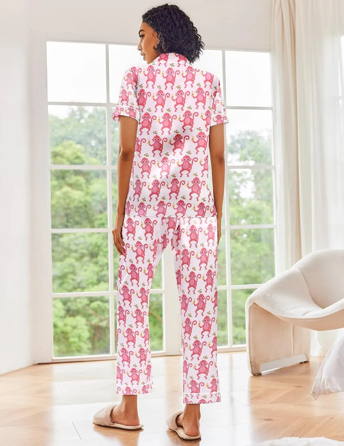 Ekouaer Silk Satin Pajamas Set Women Short Sleeve Sleepwear Soft Button Down Loungewear Pjs Set