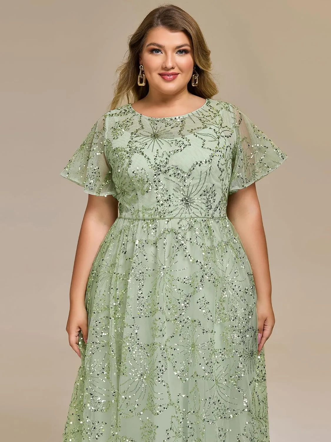 Ever-Pretty Plus Women's Gorgeous Round Neck A-Line Short Sleeves Midi Sequin Plus Size Formal Wedding Guest Dresses