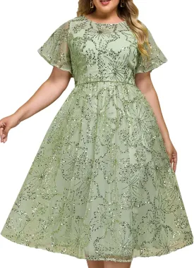 Ever-Pretty Plus Women's Gorgeous Round Neck A-Line Short Sleeves Midi Sequin Plus Size Formal Wedding Guest Dresses
