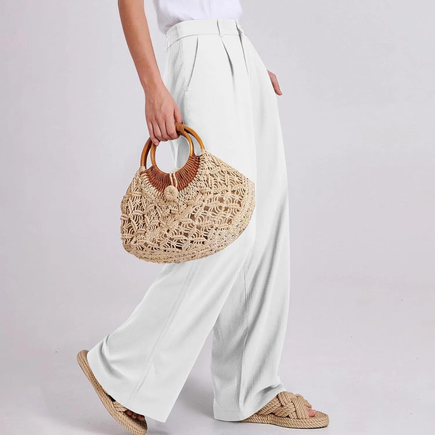 fanmpghleoo Dress Pants Women High Waisted Straight Wide Leg Linen Pants Summer Business Casual Linen Trousers with Pockets