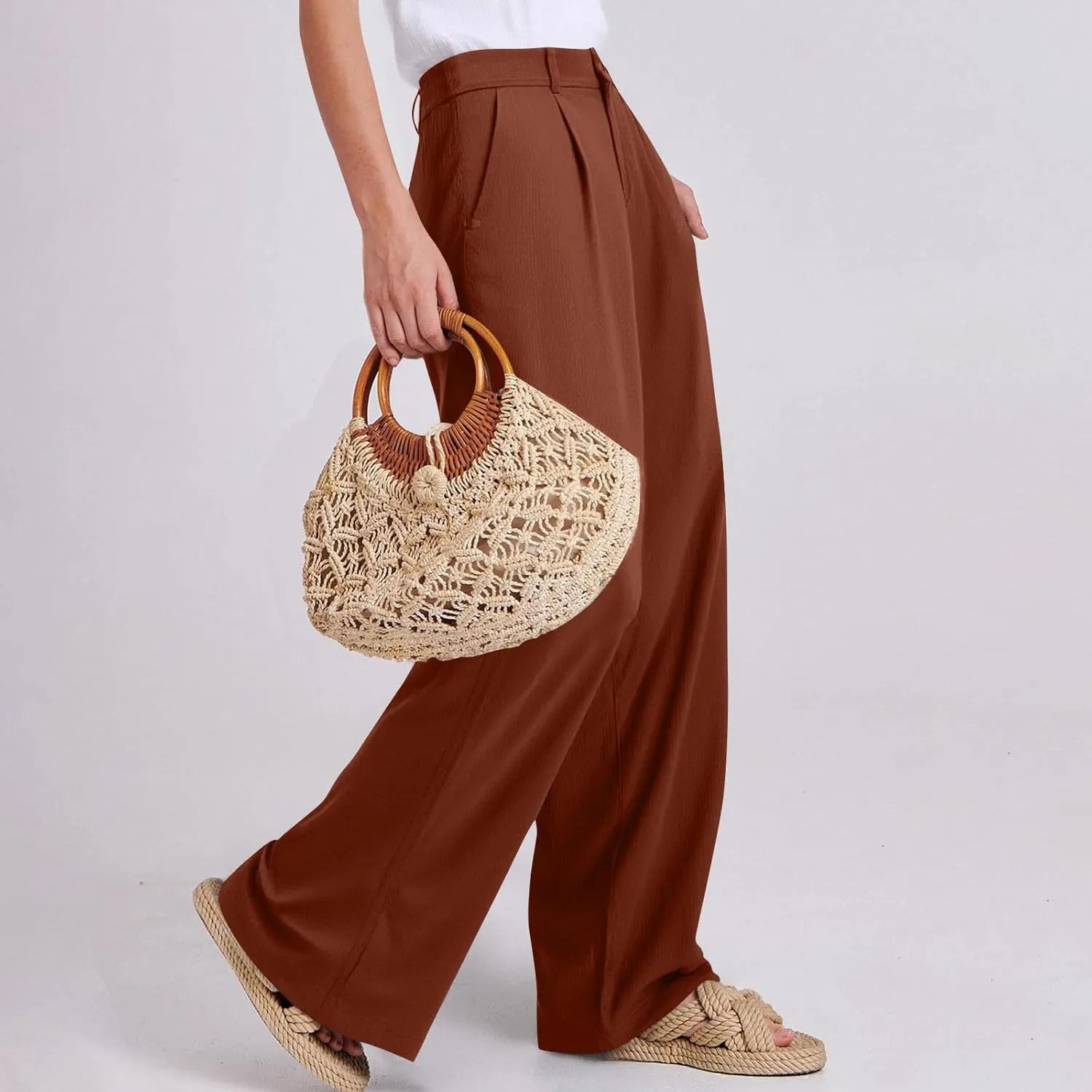 fanmpghleoo Dress Pants Women High Waisted Straight Wide Leg Linen Pants Summer Business Casual Linen Trousers with Pockets