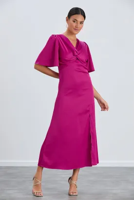 Fuchsia Angel Sleeve Midi Dress with Elegant Side Slit