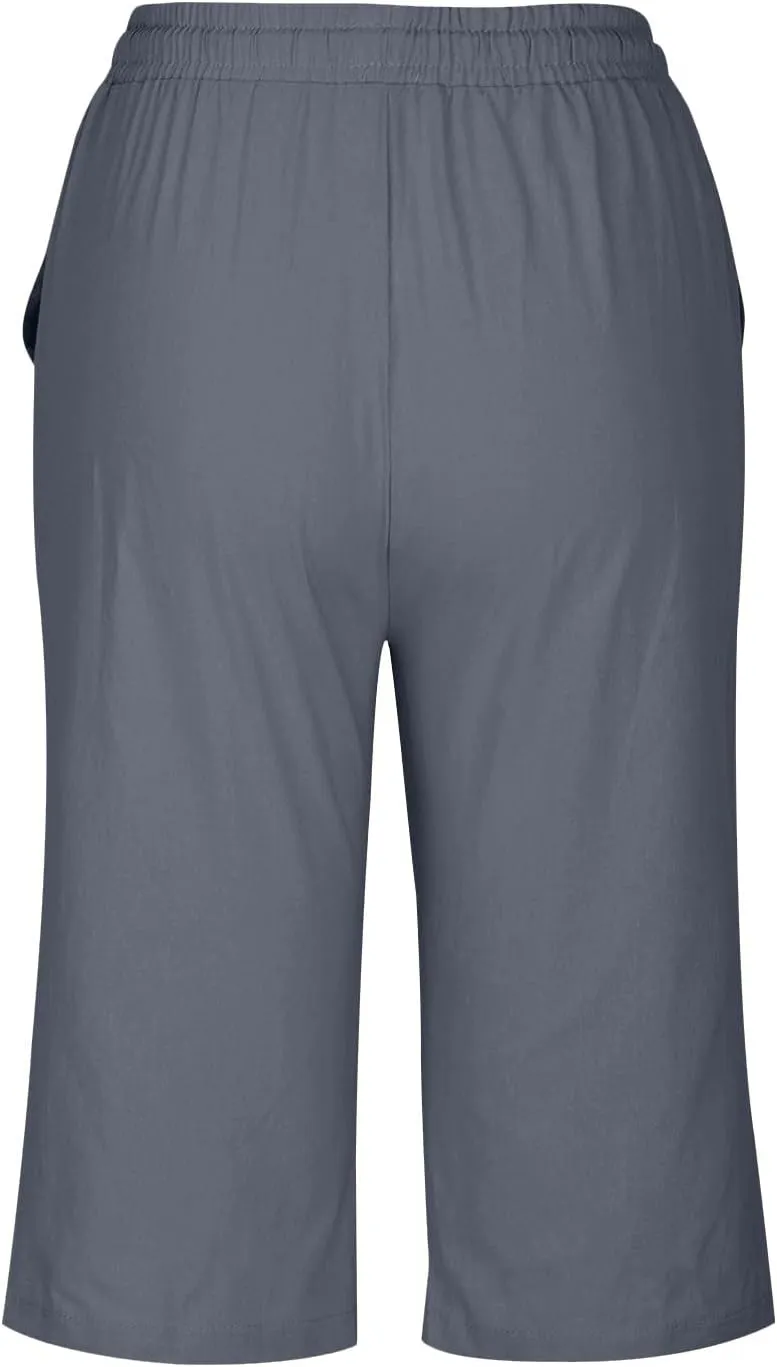 GOFULY Cotton Linen Bermuda Shorts for Women Knee Length Summer Elastic Waist Drawstring Shorts Pockets Solid Capris Pants