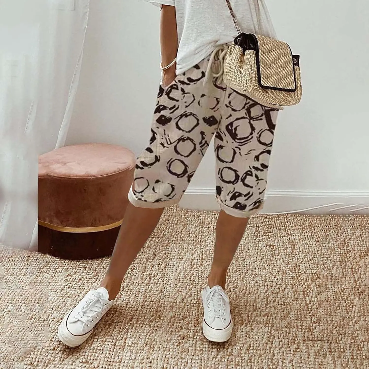 GOFULY Cotton Linen Bermuda Shorts for Women Knee Length Summer Elastic Waist Drawstring Shorts Pockets Solid Capris Pants
