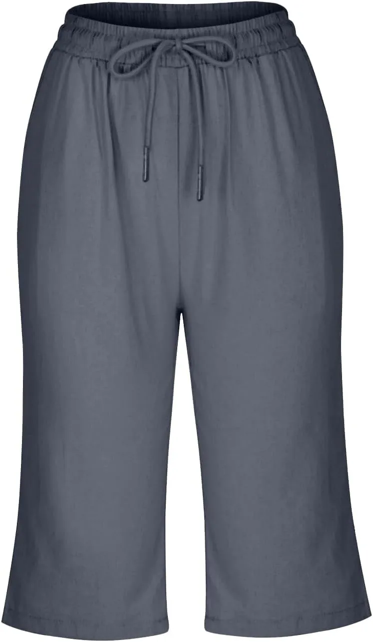 GOFULY Cotton Linen Bermuda Shorts for Women Knee Length Summer Elastic Waist Drawstring Shorts Pockets Solid Capris Pants