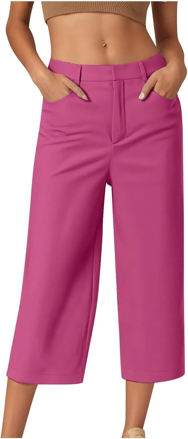 HGps8w Capris for Women Dress Pants 2025 Summer Loose Casual Stretch High Waisted Crop Straight Leg Trousers with Pockets