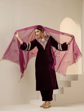 Ishin WOMEN Plum VELVET ORGANZA DUP 3pcs kurta set