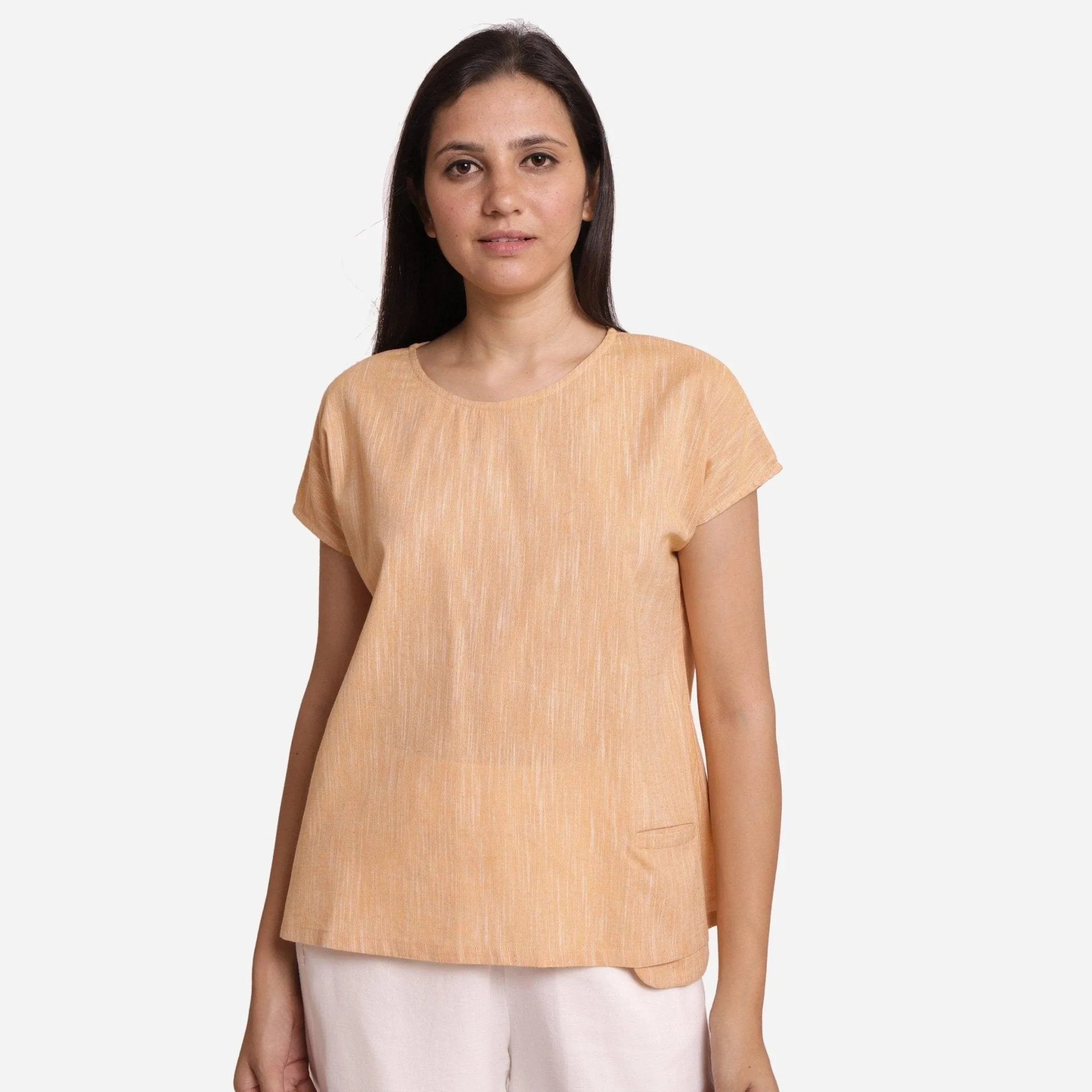 Light Yellow 100% Cotton Boat-Neck A-Line Top