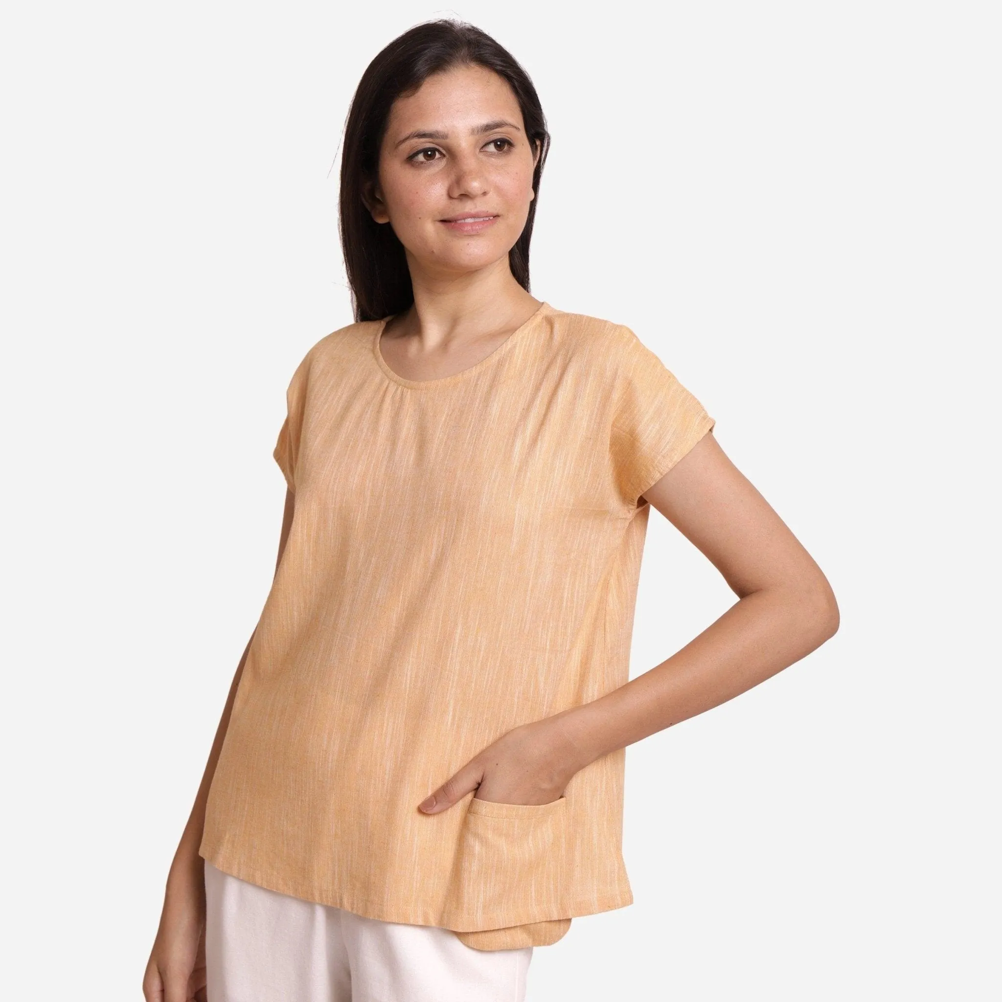 Light Yellow 100% Cotton Boat-Neck A-Line Top