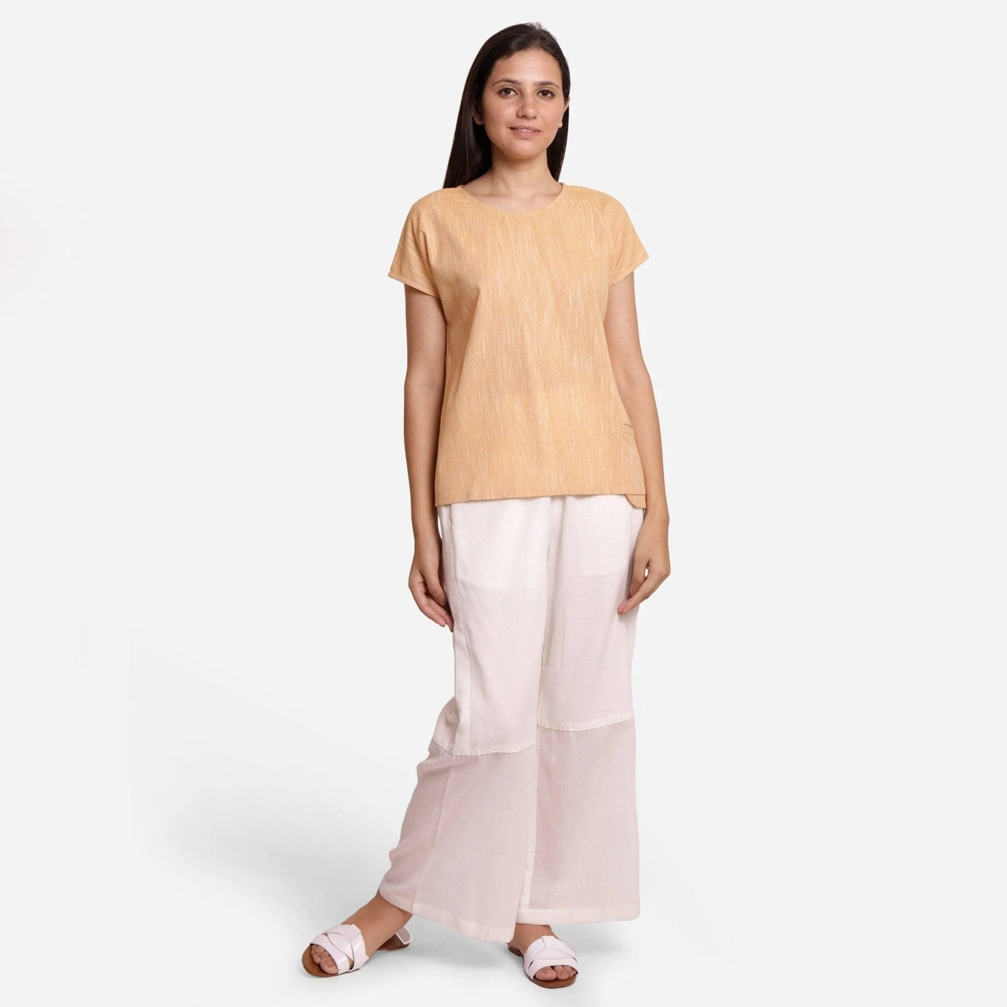 Light Yellow 100% Cotton Boat-Neck A-Line Top
