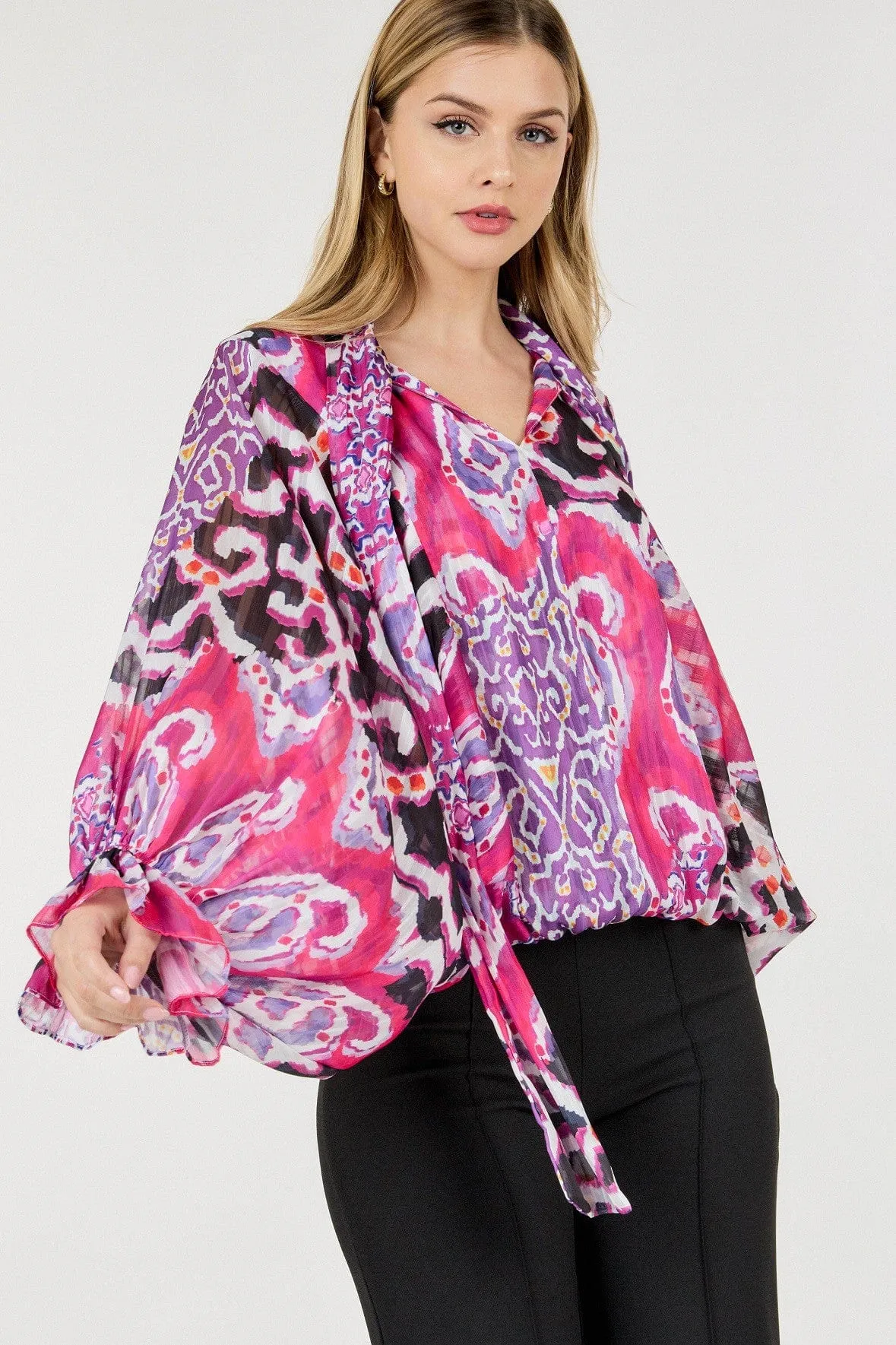 Lime Mist Frill Collar Print Blouse
